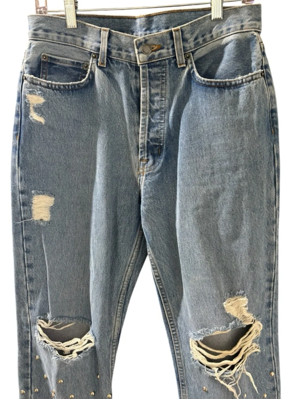 Carmar Women's Blue Straight Leg Jeans‎ Distressed Silver Stud Detail Size 29